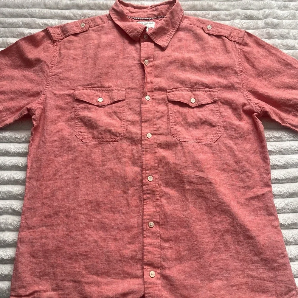 Banana Republic button up Men's XL Pink Coral Cotton Linen Short Sleeve shirt